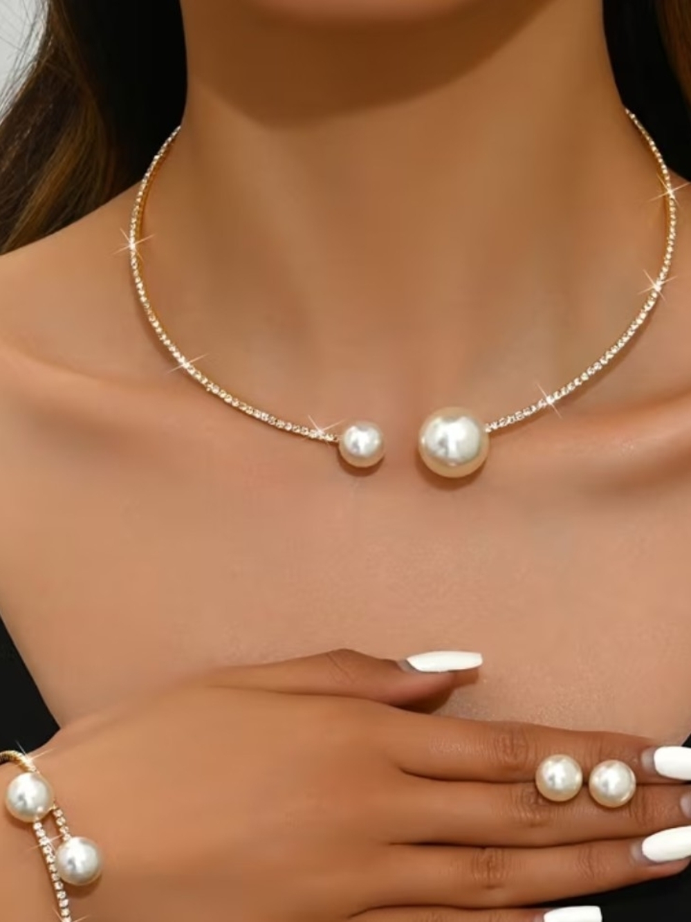 Gold Tone Pearl Accent Choker Necklace, Bracelet & Earrings- Elegant Bridal